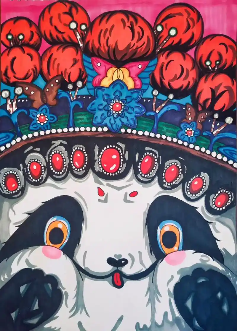 国风京剧熊猫#一起学画画 #马克笔 - 抖音