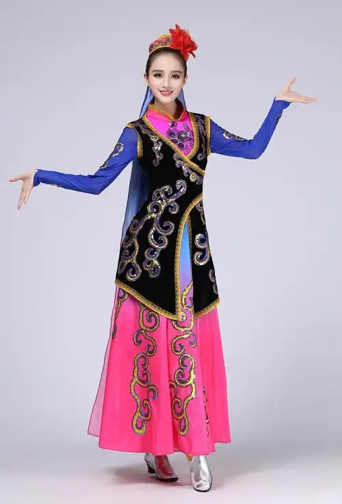 新疆舞演出服装女民族风少数民族维吾尔族回族舞蹈服饰长裙连衣裙