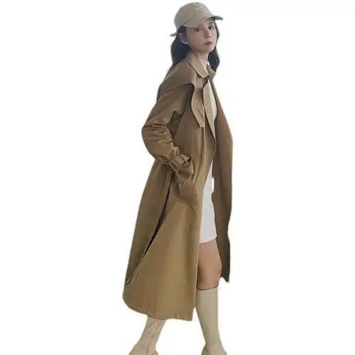 高个超爱百搭时尚21秋季潮新款爆色卡其色风衣外套女系腰带中长款