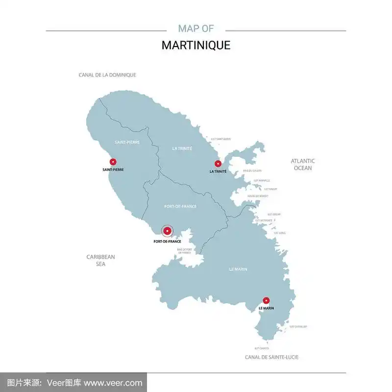 红色大头针的马提尼克地图