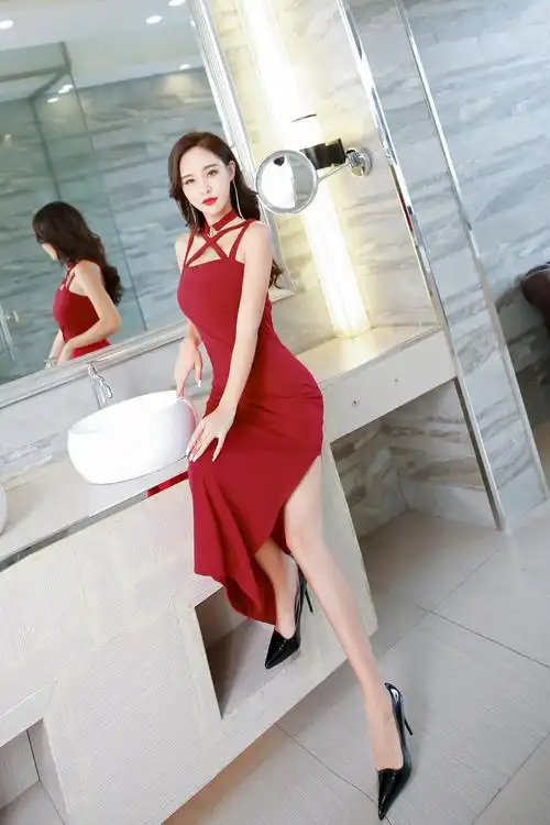 pq30987# 欧美女装性感连衣裙宴会聚会高开叉露腿洋装长款礼服