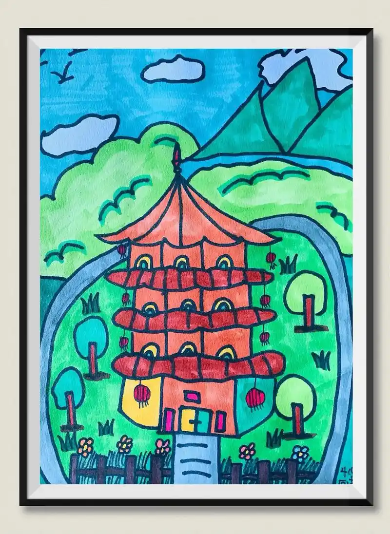 家乡的古塔四年级小朋友作品