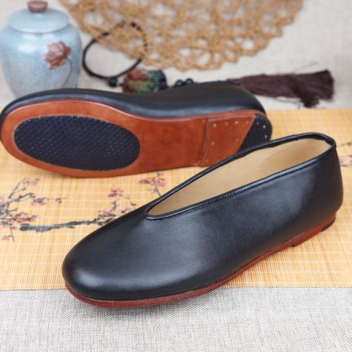 老北京布鞋男全牛皮圆口老头鞋休闲皮布鞋中国式复古民族风镶芯鞋