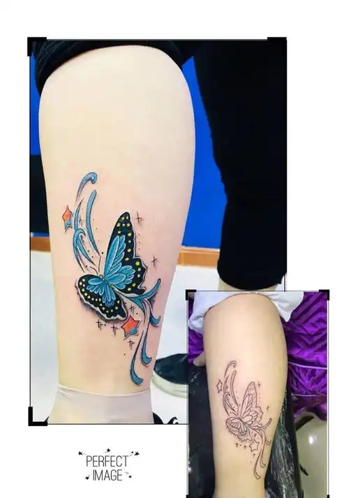 小腿外侧彩蝶纹身图片
