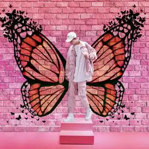3d蝴蝶翅膀粉色砖墙壁纸时尚服装店艺术学校网红打卡拍照背景墙纸