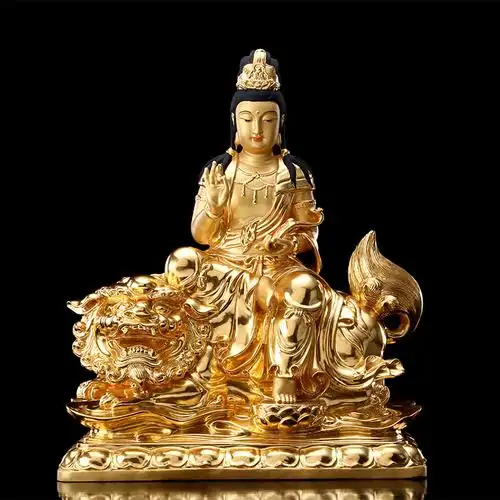 秦歌铜贴金文殊普贤菩萨铜佛像居家寺庙供奉华严三圣供佛摆件