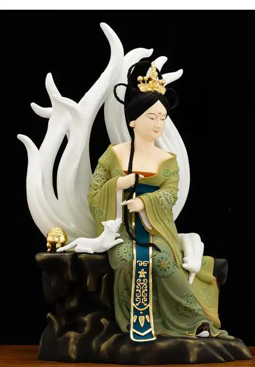 三漫陀九尾狐灵仙19寸纯铜彩绘青衣狐仙娘娘神像保家家用供奉佛像狐仙