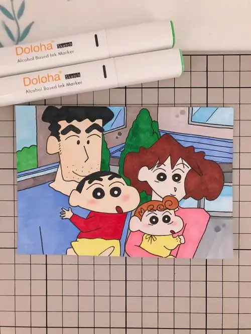 第218幅蜡笔小新全家福卡通画附步骤图