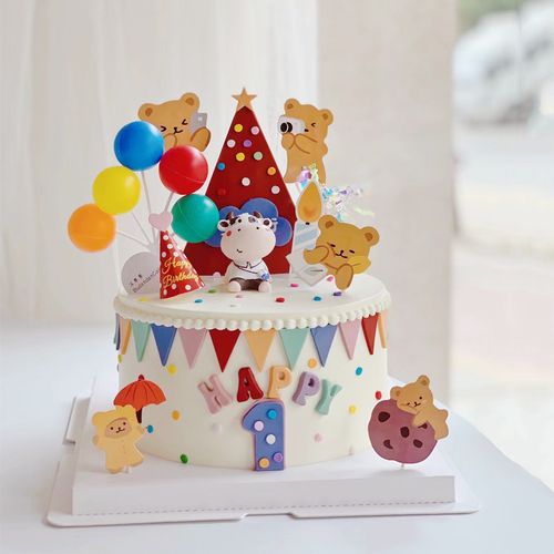 宝宝周岁百天蛋糕装饰摆件背包小动物儿童满月宴小熊烘焙插件插排