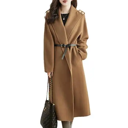 卡其双面羊毛大衣女秋冬高端中长款潮流腰带宽松羊毛呢子外套品牌