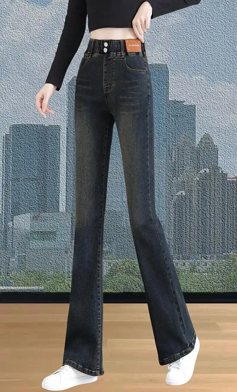 松紧腰微喇牛仔裤女新款女士高腰修身喇叭裤