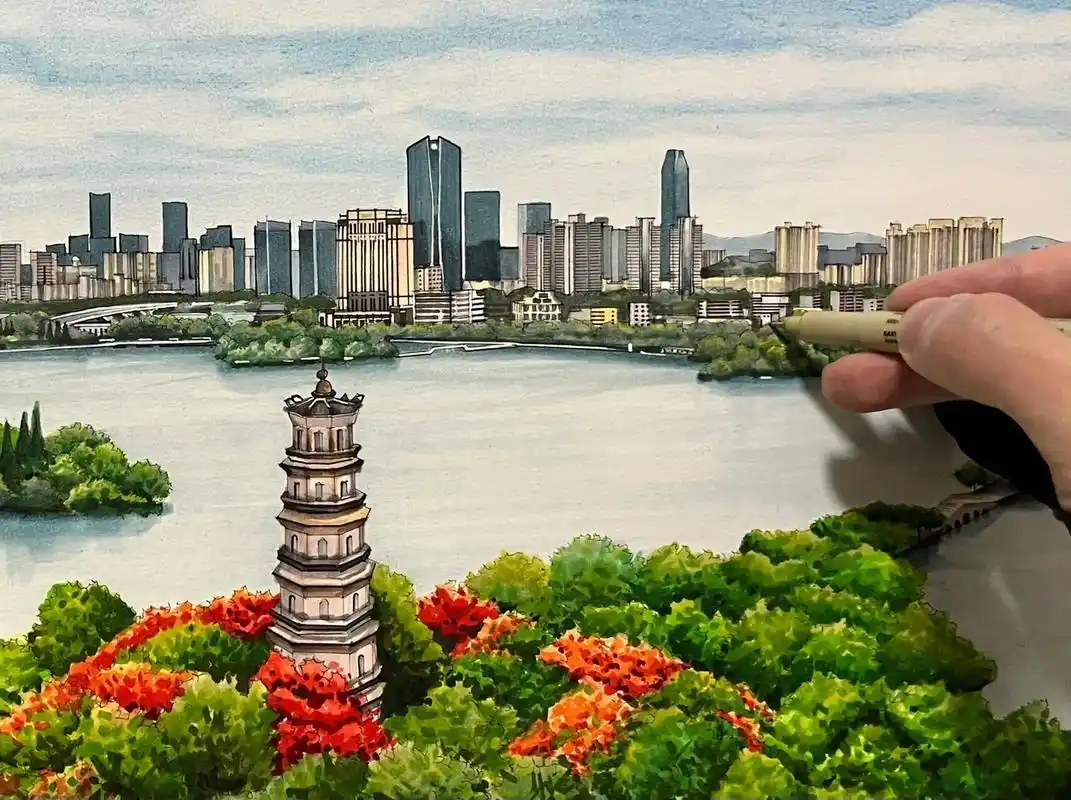 【惠州西湖】马克笔城市建筑手绘 一年前画过一张同样的场景,这一年没