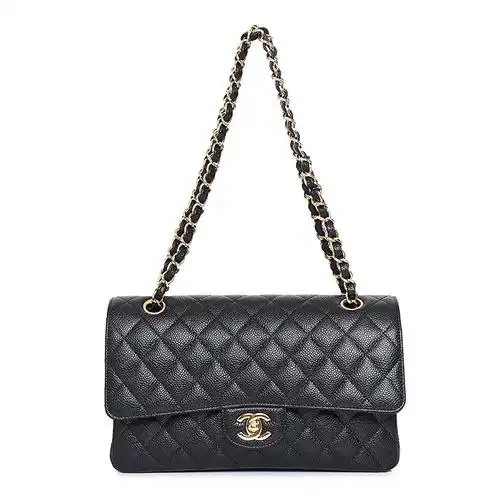 chanel/香奈儿 女士经典cf荔枝纹牛皮,黑色金扣斜挎单肩包 a01112c