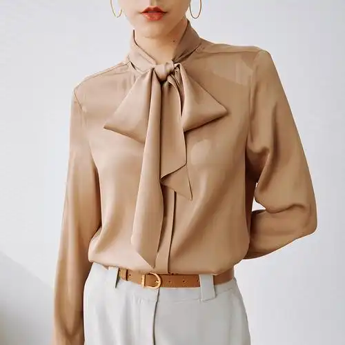 wcs03256茉莉雅集优雅通勤弹力真丝飘带长袖衬衫上衣衬衫