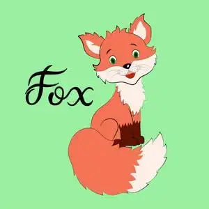 一只微笑的小狐狸,尾巴茂盛. 一只卡通狐狸. 孤立在绿色背景上.