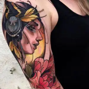 大臂newschool美女粉色牡丹纹身图案