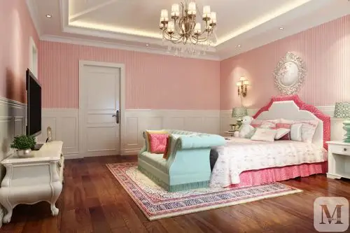 女儿房 做了实木墙围 配合浅粉色墙面,搭配白色家具,整体公主感觉凸显