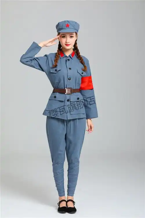 樱瓦红成人红军演出服男女八路军抗战服装儿童小红军表演服蓝灰色棉麻