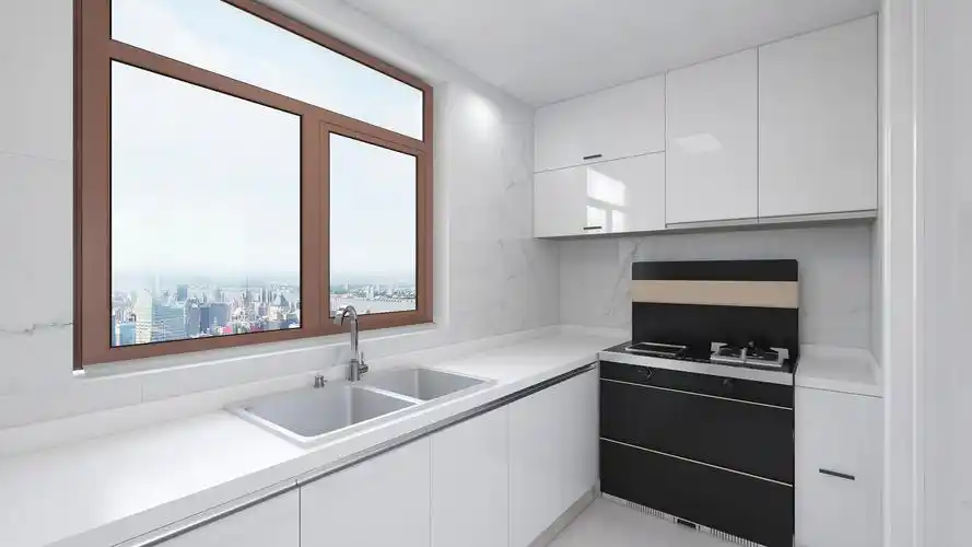 时尚,实用,储物空间充足,橱柜选用白色柜门柜体,台面选用白色系石英石