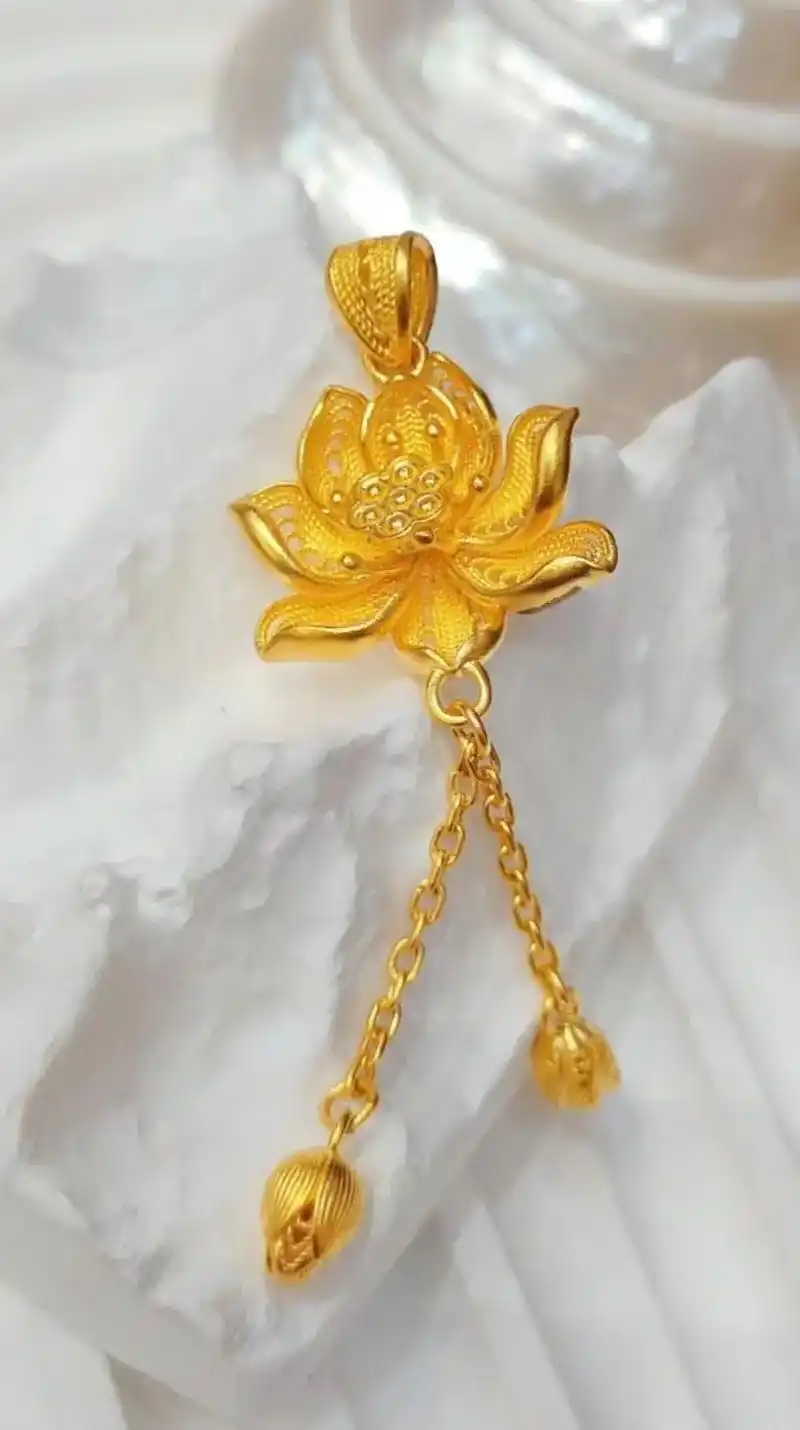 古法莲花黄金吊坠03.步步生莲 荷花寓意和和美美好运连连.