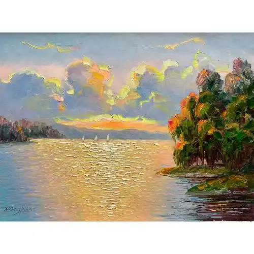 朝鲜风景油画功勋艺术家金益湖面霞光