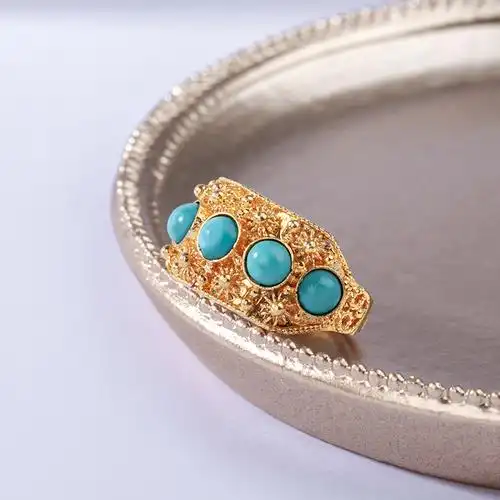 方元老细金天然原矿绿松石纯银轻奢小众精致高级感花丝镶嵌戒指