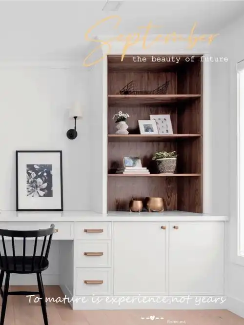 法式白色木纹78一整面墙的独立书桌柜