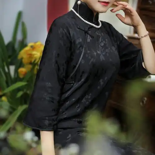 秋曼开襟旗袍连肩宽松民国中式袖全倒大提花旗袍