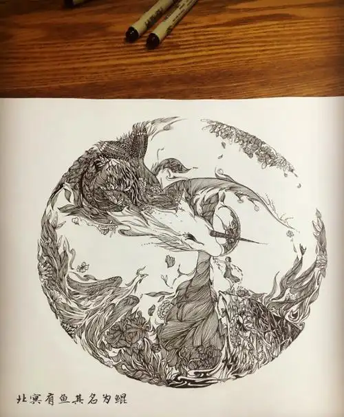 北冥有鱼其名为鲲,鲲之大,不知其千里也 线描 大鱼海棠 黑白缠绕画