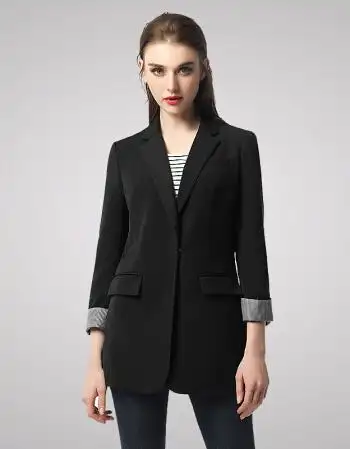 春季新款女士小西装中长款休闲西装外套 黑色斜纹 xl【图片 价格 品牌
