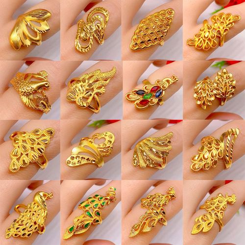 越南沙金凤凰孔雀羽翅膀戒指环女百搭开口可调节非999黄金不掉色