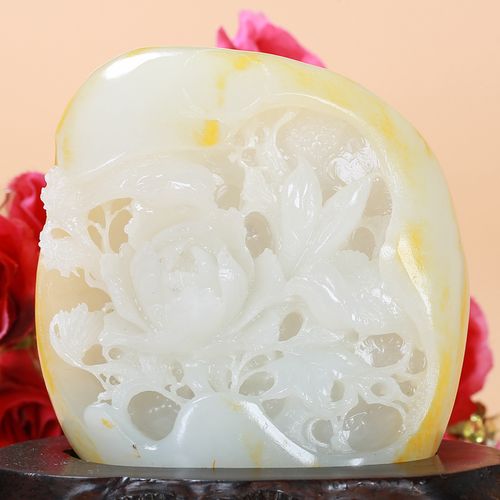 【珠宝严选】送礼推荐玉雕大师王京作品 和田玉白玉花开富贵摆件客厅