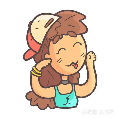 帽, 项链和蓝色顶手绘制表情很酷的开玩笑傻妞概述肖像