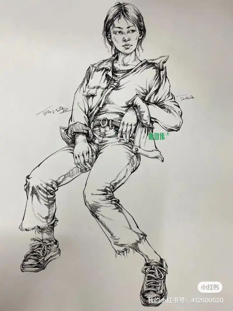 人物速写女坐姿一张线面方向