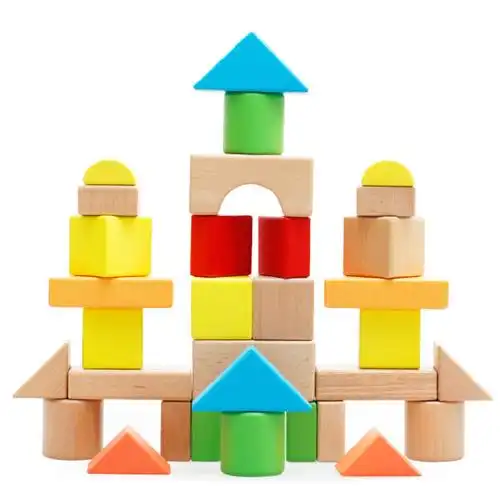 100粒榉木桶装木质积木实木大块颗粒益智木头婴儿2岁男孩女孩早教