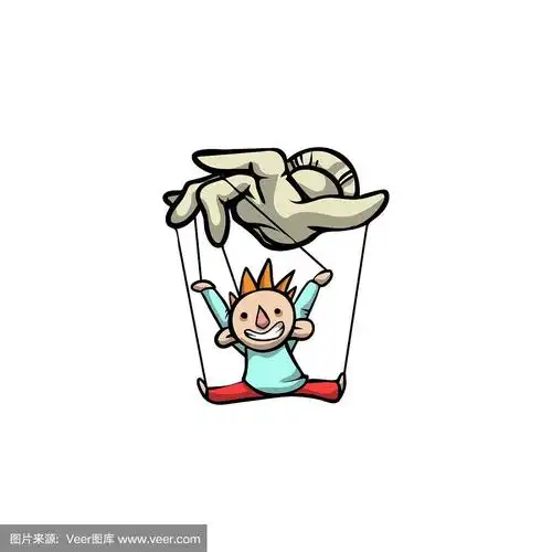 木偶手牵着小丑木偶.光栅插图在平面卡通风格