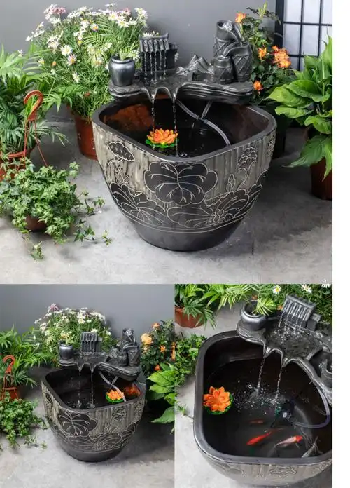 方形陶瓷大缸水循环增氧鱼缸客厅阳台流水养鱼盆庭院仿石大水缸方形缸