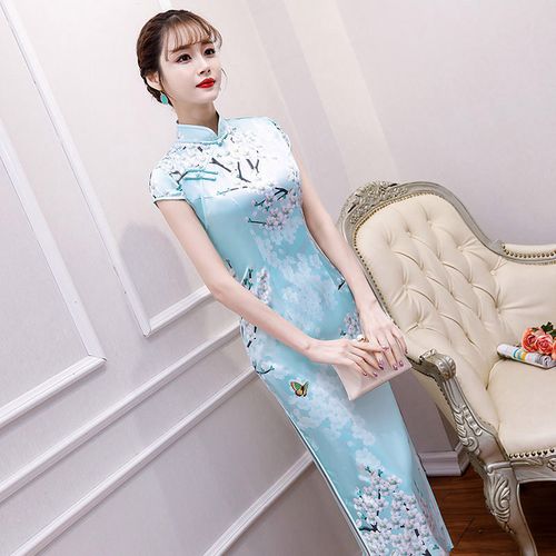 旗袍改良连衣裙2022新款长款优雅遮肚走秀祺袍旗袍