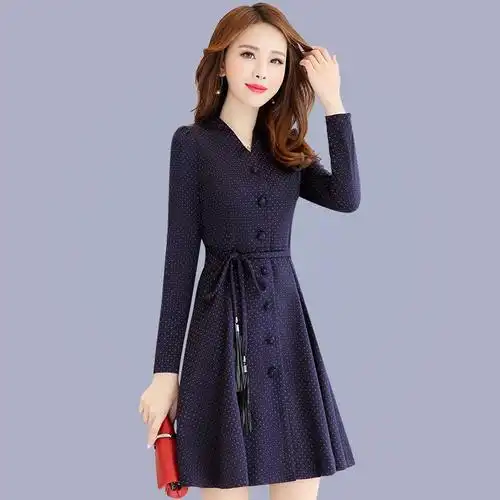 一折中老年人连衣裙冬_秋季连衣裙2019新款中年妈妈女装中长款气质
