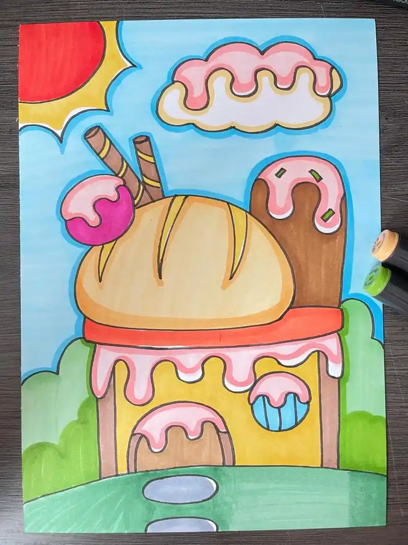 面包小屋马克笔画.绘画过程: ①先用铅笔起稿 ②秀丽笔勾线( - 抖音