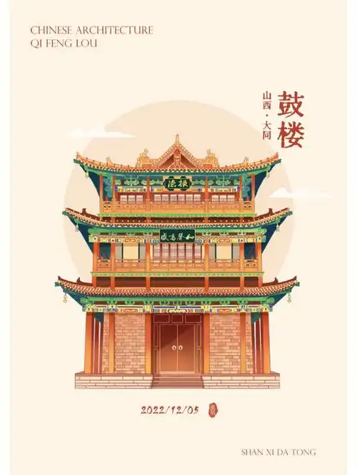 古建筑插画山西大同鼓楼