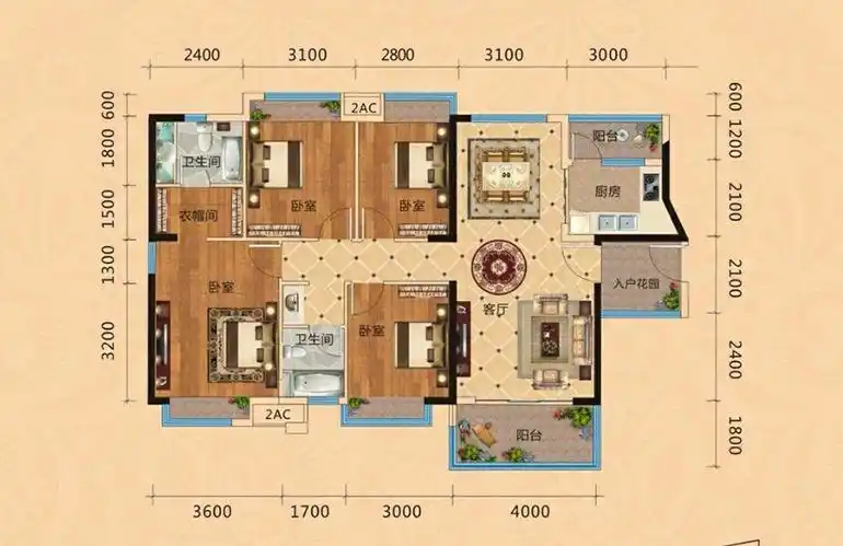 丰华和家园b-2户型 四房两厅两卫一厨 建面127㎡