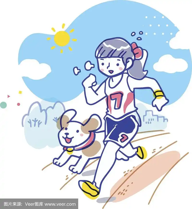 卡通插图的运动女孩练习跑步与狗