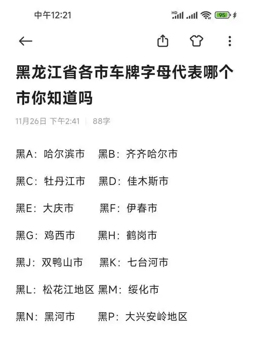 黑龙江省各市车牌字母代表哪个市你知道吗
