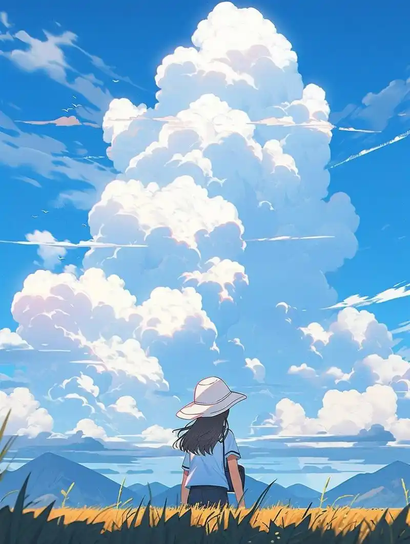 学生遥望远方,侧视图,淡蓝色的天空,巨大的白云,宫崎骏,大景观,梦幻