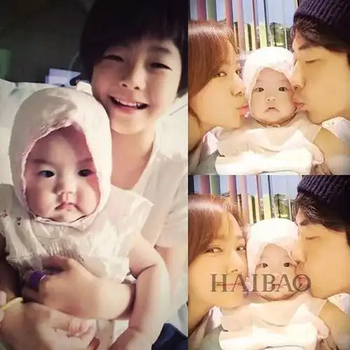 两只站在一起,real萌权相佑,孙泰英儿子权禄熙,女儿权丽浩一家四口