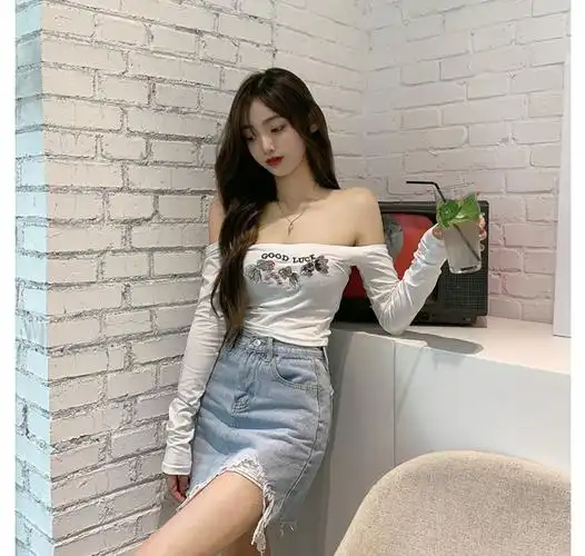 网红性感内搭一字领露肩漏脐春秋短款抹胸t恤上衣女修身显瘦百搭 - 17