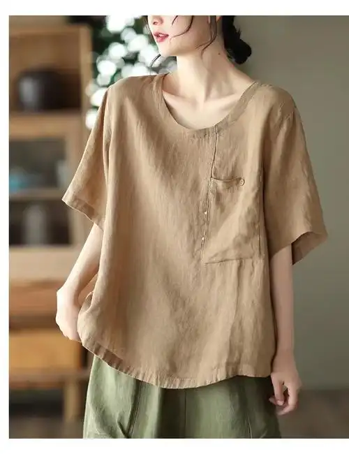 新款复古砂洗亚麻上衣女士圆领短袖套头麻衫休闲文艺t恤 - 17网