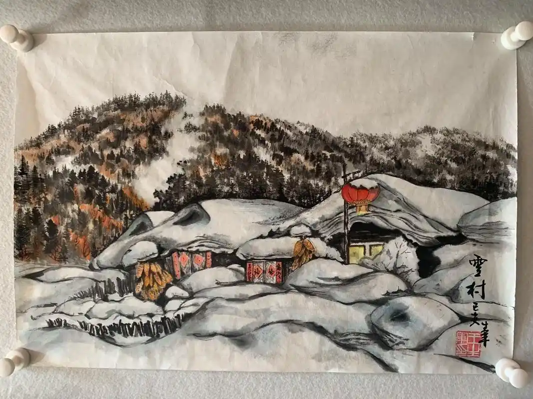 冰雪写意国画《雪村》 2018年作 #冰雪画 #冰雪山水画  - 抖音