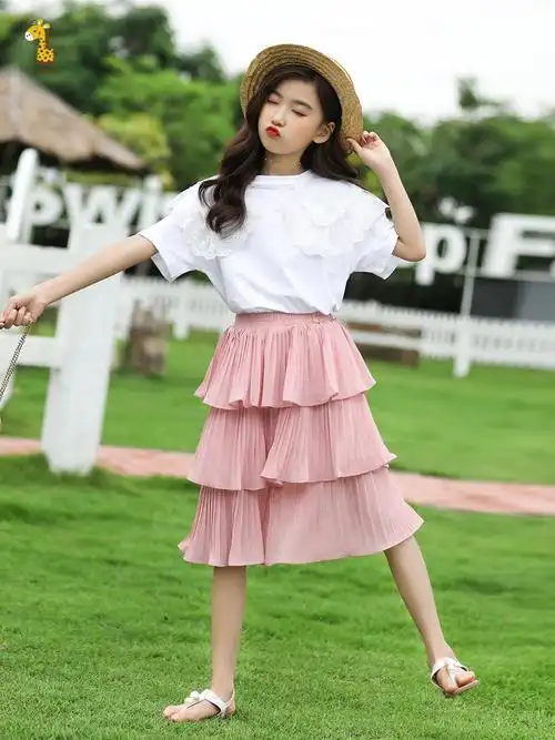 女童半身裙蛋糕裙春夏中长款雪纺女孩大童短裙洋气纱裙儿童百褶裙